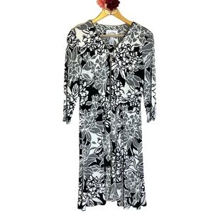 Joseph Ribkoff dress black white gray floral zip front 3/4 sleeve midi a-line 12